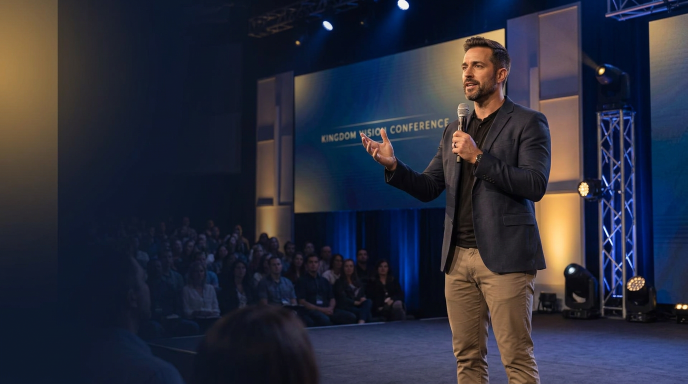 A speaker presenting at a Christian conference